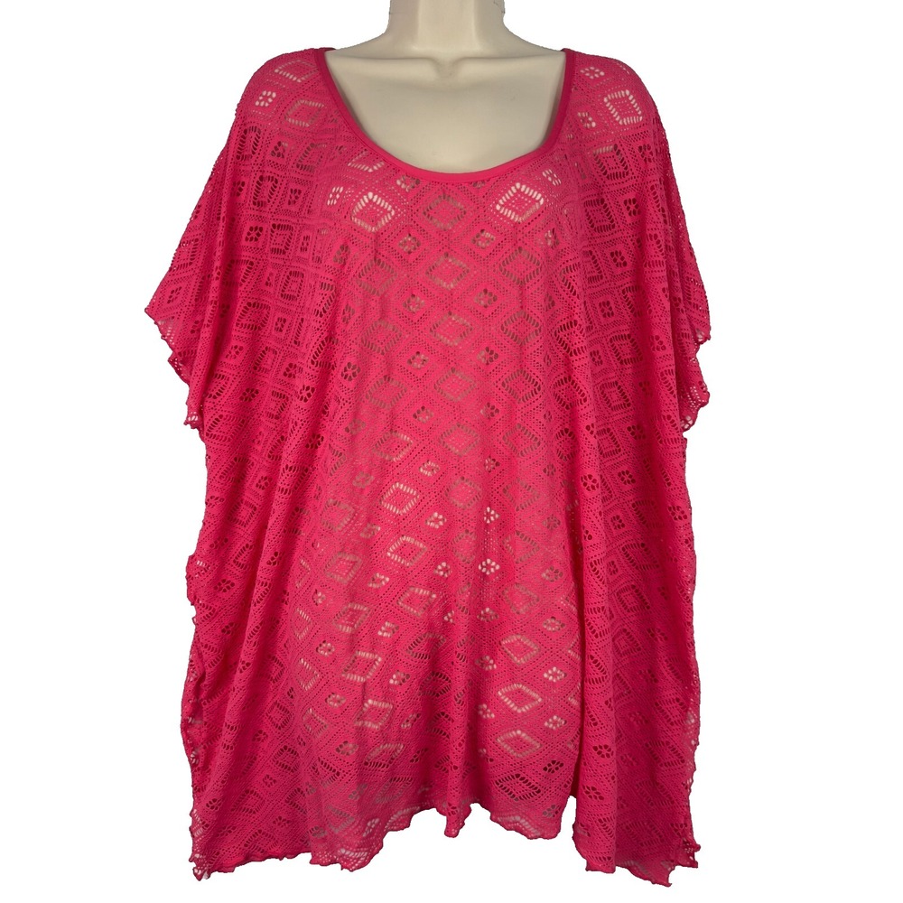 BECCA by Rebecca Virtue Crochet Swim Cover Up Lace Pink M/L Oversized Beach Boho